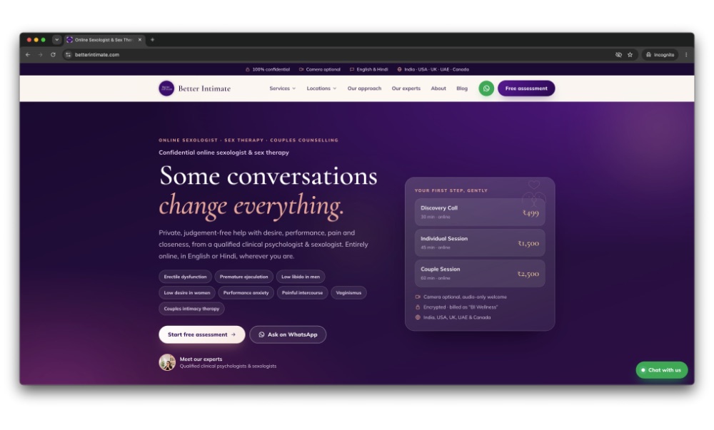 Better Intimate online sexologist and sex therapy home page