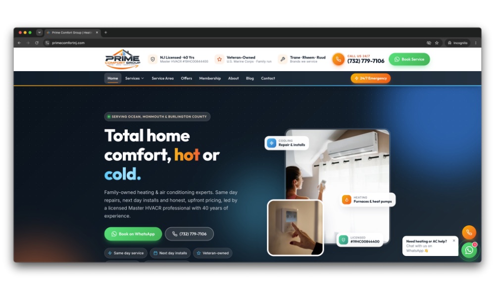 Prime Comfort Group heating and air conditioning website home page